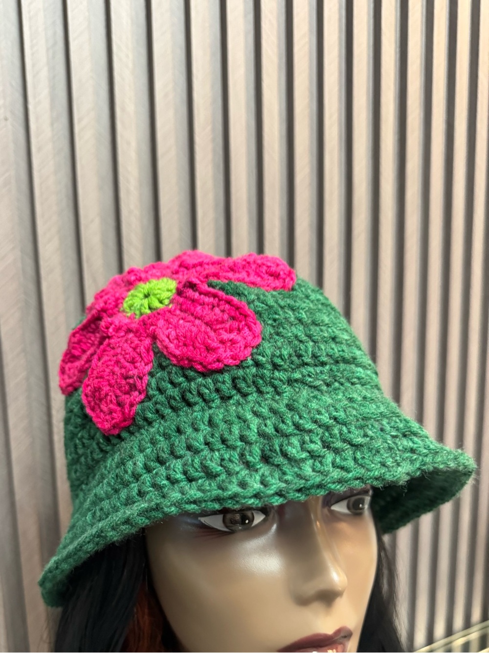 Handmade Green Crochet Bucket Hat with Pink Flower
